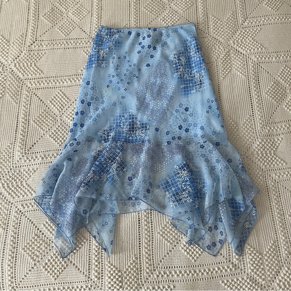 Handkerchief Hem Ditsy Sheer Lined Blue Floral Skirt with Lace Waistband